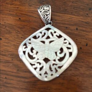 Intricate Silver, Carved Shell Butterfly Necklace